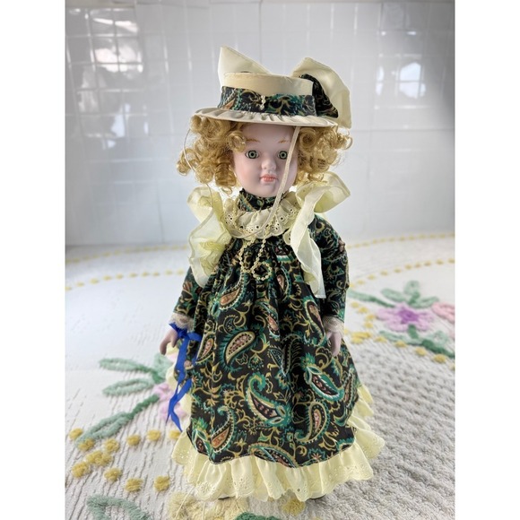 Other - Vintage Porcelain Doll Victorian Style Paisley Dress Green Eyes Blonde‎ Hair 15"